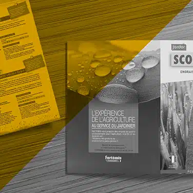 Image noire & blanc avec aplat jaune transparent, dépliant imprimé avec visuels de produits agricoles et fiches techniques pour la marque Fertémis
