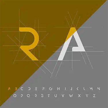 Illustration typographique avec lettres stylisées « R » et « A », tracés de construction et alphabet graphique