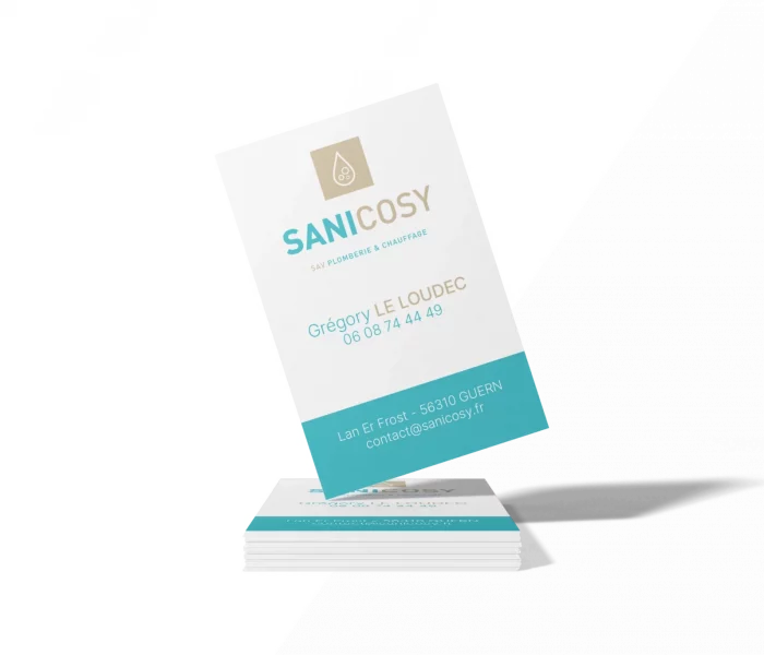 Cartes commerciales de Sanycosy, plombier chauffagiste à Guern, réalisées par Yescom.