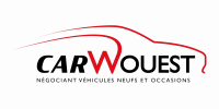 Logo Carwouest, texte noir et W rouge avec ligne fluide évoquant une voiture.