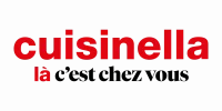 Logo Cuisinella, typographie rouge suivie du slogan « c’est chez vous ».