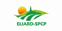 Logo Eliard-SPCP, paysage vert stylisé avec soleil jaune et colline.