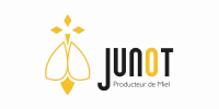 Logo Junot, abeille stylisée avec symbole de l'hermine de couleur jaune accompagnée du texte « Producteur de miel ».