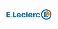 Logo E.Leclerc, texte bleu et sigle rond orange et bleu.