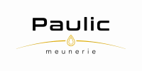Logo Paulic Meunerie, typographie noire et grise avec motif de grain de blé doré.
