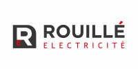 Logo Rouillé Électricité, typographie noire et rouge stylisée avec un monogramme reprenant le R de Rouillé et le E de Électricité