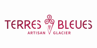 Logo Terres Bleues, glacier artisan, avec cornet de glace rose stylisé.